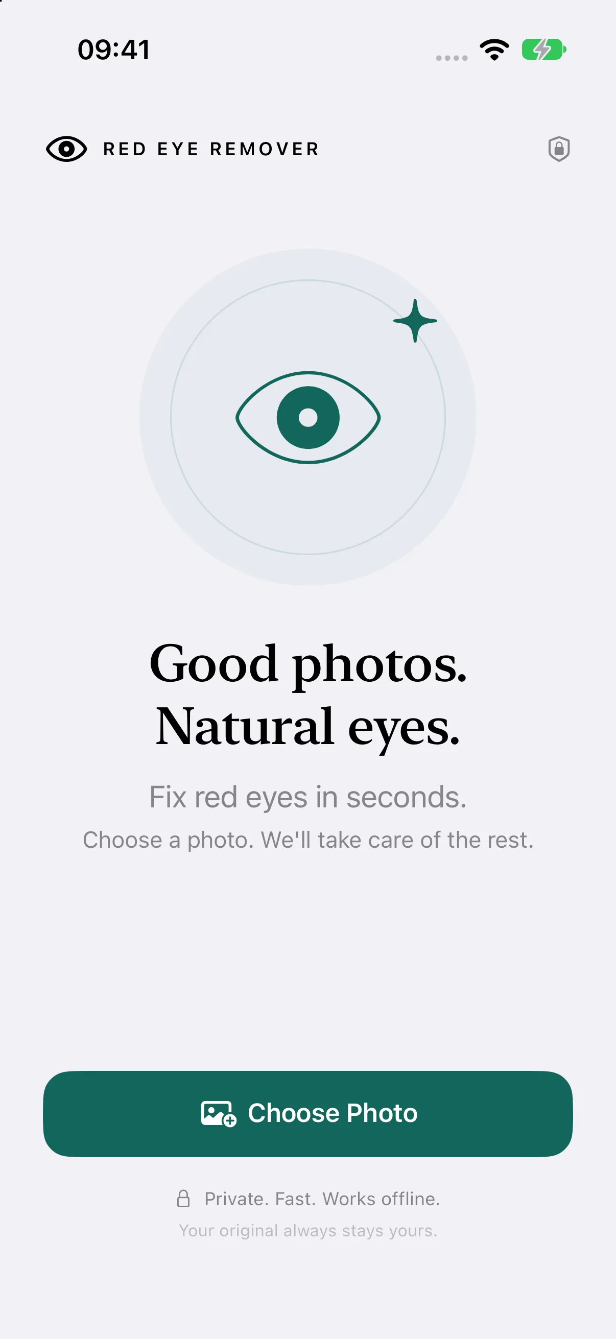 Red Eye Remover welcome screen with its eye illustration
