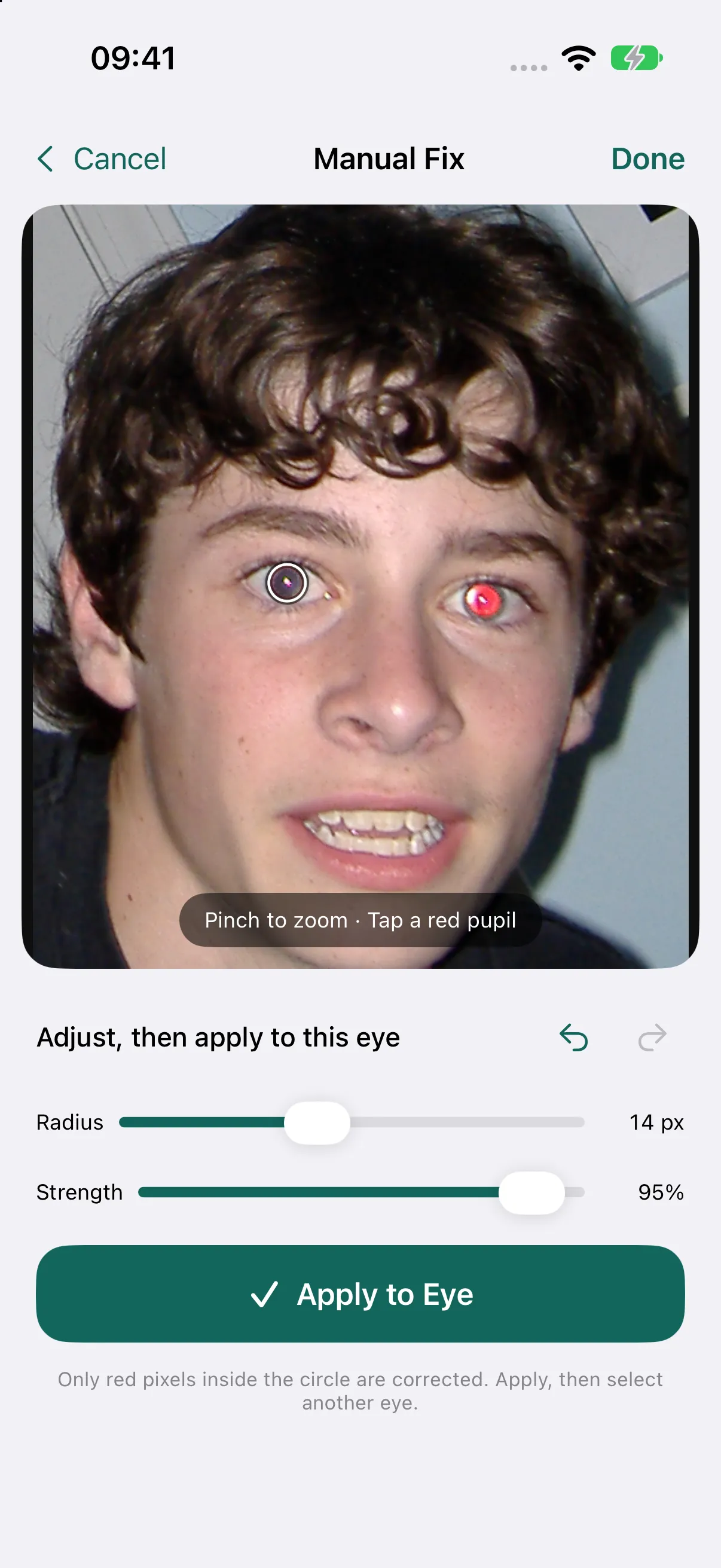 Manual red-eye correction controls