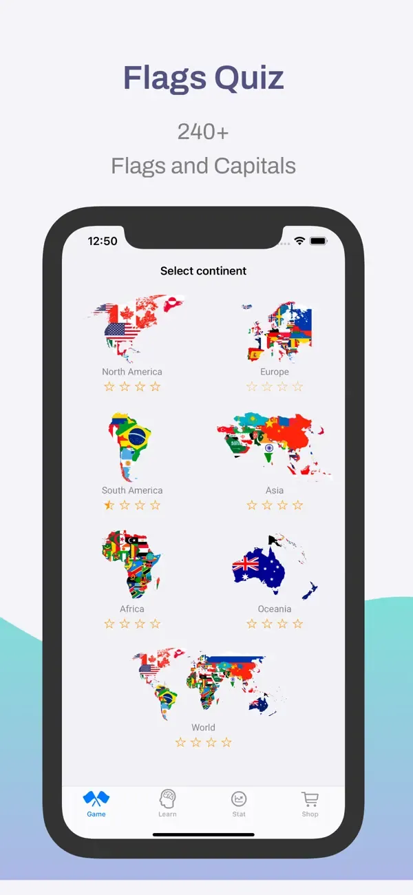 Выбор континента в Flags Learning Quiz